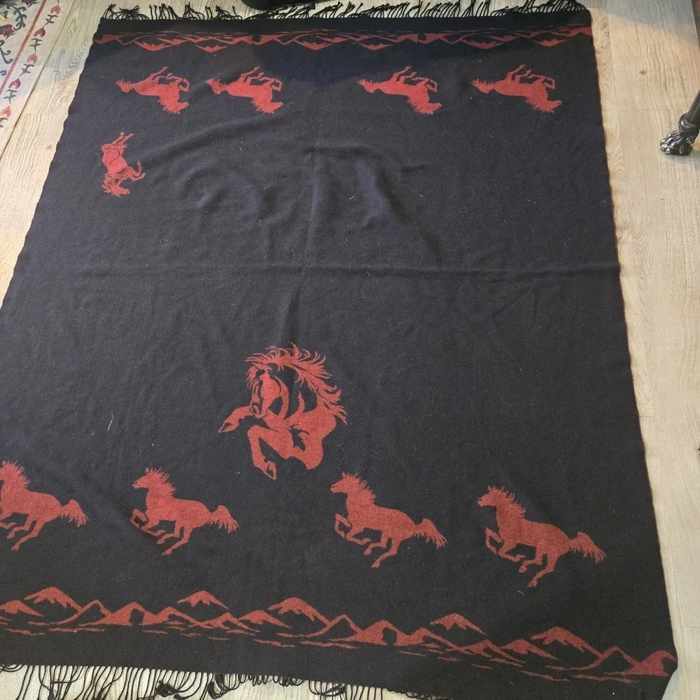 Vtg Merino Wool Celebrate The Horse Southwest Throw Blanket Double Side Red Blk